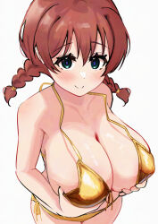 1girl aqua_eyes bare_arms bikini blush breasts brown_hair cleavage closed_mouth collarbone emma_verde freckles gold_bikini grabbing_own_breast heart heart-shaped_pupils highres large_breasts looking_at_viewer love_live! love_live!_nijigasaki_high_school_idol_club pisagi side-tie_bikini_bottom simple_background smile solo standing swimsuit symbol-shaped_pupils white_background
