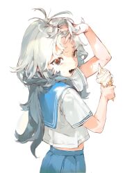 1girl baifeidaiwang black_eyes black_tongue blue_sailor_collar blue_skirt fang food grey_hair hand_on_own_forehead highres holding holding_food ice_cream ice_cream_cone long_hair looking_at_viewer looking_back midriff_peek nose open_mouth original red_pupils sailor_collar school_uniform serafuku shirt short_sleeves simple_background skirt solo sweat sweatdrop upper_body white_background white_shirt