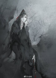 1boy bare_tree black_boots black_hair black_hanfu boots chest_tattoo chinese_clothes closed_mouth faux_traditional_media flute grey_eyes hair_ribbon hand_on_own_chin hanfu high_ponytail highres holding holding_flute holding_instrument ink_wash_painting instrument kcllzas163 light_particles long_hair long_sleeves looking_at_viewer male_focus modao_zushi monochrome outdoors ponytail red_ribbon ribbon robe rock sitting smile solo spot_color tattoo third-party_source tree very_long_hair watermark wei_wuxian weibo_watermark wide_sleeves