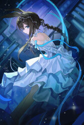 1girl absurdres amiya_(arknights) animal_ears arknights bare_shoulders blue_choker blue_eyes blue_ribbon braid brown_hair choker dress elbow_gloves from_side gloves highres looking_at_viewer open_mouth rabbit_ears rabbit_girl ribbon saraph_se_la single_braid solo strapless strapless_dress white_dress white_gloves