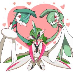 1boy 1girl 1other ^_^ arm_blade arm_up black_skin blue_hair blush blush_stickers bob_cut closed_eyes closed_mouth colored_skin flat_chest full_body gallade gardevoir gen_3_pokemon gen_4_pokemon green_hair green_skin hair_between_eyes hands_up happy heart heart_arms heart_arms_trio heart_background highres humanoid_robot iron_valiant joints kneeling looking_at_viewer mohawk monya multicolored_hair multicolored_skin nintendo one_eye_closed open_mouth pokemon pokemon_(creature) red_eyes red_hair robot robot_joints short_hair smile standing symmetry twintails two-tone_hair two-tone_skin weapon white_skin wink