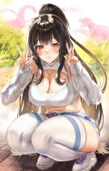 1girl absurdres black_hair blue_bra bra bra_peek breasts cleavage commentary_request crop_top denim denim_shorts detached_sleeves double_v glasses goddess_of_victory:_nikke highres large_breasts long_hair midriff minus_zero69 moran_(nikke) moran_(off-duty_queen)_(nikke) navel official_alternate_costume outdoors red_eyes round_eyewear shoes shorts solo squatting thighhighs underwear v very_long_hair white_shoes white_thighhighs