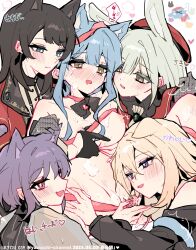 5girls amoris_(bang_dream!) animal_ears ascot bang_dream! bang_dream!_it&#039;s_mygo!!!!! beret black_gloves black_hair blonde_hair blue_eyes blue_hair blush breasts capelet cat_ears cat_girl cat_tail clothing_cutout commentary_request controller doloris_(bang_dream!) gangbang gloves green_background green_hair grey_gloves groping group_sex hair_between_eyes harem hat highres holding holding_remote_control kemonomimi_mode kyou_039 long_hair medium_breasts medium_hair misumi_uika mortis_(bang_dream!) mortis_(costume)_(bang_dream!) mouth_hold multiple_girls nipples oblivionis_(bang_dream!) open_mouth pink_eyes purple_eyes purple_hair pussy rabbit_ears rabbit_girl red_capelet red_hat remote_control remote_control_vibrator sex_toy shirt short_hair shoulder_cutout sweatdrop tail timoris_(bang_dream!) togawa_sakiko vibrator wakaba_mutsumi white_ascot yahata_umiri yellow_eyes yuri yuutenji_nyamu