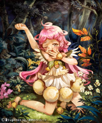 1girl ahoge apple972 bare_shoulders barefoot black_eyes child dress drowsy female_focus flower forest inzup kneeling nature original pink_hair sleepy solo stretching tears tree yawning