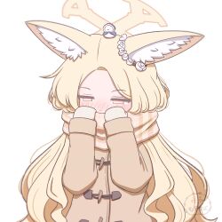 1girl absurdres alternate_costume animal animal_ear_fluff animal_ears animal_on_head bird bird_on_head blonde_hair blue_archive blush brown_cat commentary_request cross_halo ear_wreath enpera flower flower_wreath forehead fox_ears fox_girl half-closed_eyes halo hands_up highres long_hair mittens mugisepa nose_blush on_head parted_bangs pink_eyes plaid_clothes plaid_scarf scarf seia_(blue_archive) simple_background sleeves_past_wrists solo upper_body very_long_hair white_background white_flower white_mittens winter_clothes yellow_halo