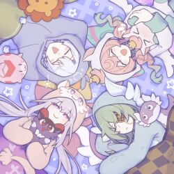 &gt;_&lt; 2boys 2girls anaxa_(honkai:_star_rail) blanket blue_background blue_hair blue_pajamas c: castorice_(honkai:_star_rail) checkered_background checkered_blanket chimera_(honkai:_star_rail) closed_eyes commentary_request drill_hair dromas_(honkai:_star_rail) eyepatch green_hair green_pajamas highres honkai:_star_rail honkai_(series) hyacine_(honkai:_star_rail) little_ica_(honkai:_star_rail) long_sleeves looking_at_viewer lying multiple_boys multiple_girls neon_(irir_neon) on_back open_mouth pajamas phainon_(honkai:_star_rail) pink_hair pink_pajamas purple_eyes purple_hair smile twin_drills watermark