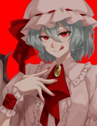 1girl ascot bat_wings blue_hair hand_on_own_chest hat hat_ribbon jun_jun_0319 mob_cap pink_hat red_ascot red_eyes remilia_scarlet ribbon solo touhou wings