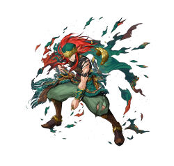 1boy armor boots brown_boots cape clenched_hand dagger fire_emblem fire_emblem:_the_sacred_stones fire_emblem_heroes full_body green_cape green_pants grin holding holding_dagger holding_knife holding_weapon joshua_(fire_emblem) joshua_(resolute_tempest)_(fire_emblem) knife long_hair nintendo official_art okuma_yuugo pants pauldrons red_hair shoulder_armor single_pauldron smile torn_clothes weapon