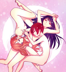 3girls black_hair breasts closed_eyes commentary completely_nude convenient_censoring from_above long_hair looking_at_viewer lying lying_on_person micho_n multiple_girls nude original red_hair short_hair sleeping yuri