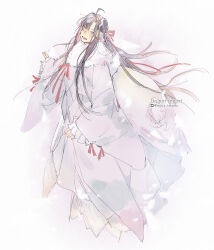 1boy :d ahoge alternate_costume alternate_universe black_hair blush brown_hair bug chinese_clothes floating frilled_sleeves frills full_body fur-trimmed_robe fur-trimmed_sleeves fur_trim grey_eyes hair_down hair_ribbon half_updo hanfu insect insect_wings long_hair long_sleeves looking_at_viewer male_focus modao_zushi moirae monster_boy monsterification moth moth_wings neck_ribbon official_alternate_hairstyle open_mouth red_ribbon ribbon robe sidelocks simple_background sketch sleeves_past_wrists smile solo standing twitter_username very_long_hair watermark wei_wuxian white_background white_robe wide_sleeves wings