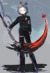 1boy aotsuki_eito armband black_boots black_pants black_shirt blush boots closed_eyes eyelashes full_body glasses gloves gradient_background grey_background grey_hair highres holding holding_scythe holding_weapon last_defense_academy_school_uniform male_focus open_mouth pants parted_hair rabbit_ears scythe shirt simple_background solo solo_focus standing the_hundred_line_-last_defense_academy- weapon white_gloves