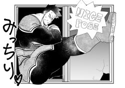 1boy ass bara beard_stubble bodysuit boku_no_hero_academia broken_door cramped crossed_legs derivative_work endeavor_(boku_no_hero_academia) english_text facial_hair from_side frown full_body greyscale highres looking_at_viewer male_focus mature_male monochrome muscular muscular_male omsbeeeeen outstretched_leg parody scar scar_across_eye scar_on_face short_hair sideburns sliding_doors solo spiked_hair stubble sweat thick_eyebrows