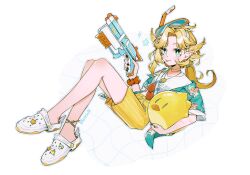 1girl :p anklet aqua_shirt ball bandolier beachball belt black_nails blonde_hair blue_eyes bright_pupils closed_mouth commentary crocs crop_top diving_mask diving_mask_on_head dokibird_(vtuber) dokibird_(vtuber)_(summer) dragoon_(dokibird) drawstring earrings english_commentary feather_hair finger_on_trigger full_body goggles goggles_on_head hair_tie hawaiian_shirt highres holding holding_ball holding_beachball holding_water_gun indie_virtual_youtuber jewelry layered_clothes long_hair looking_at_viewer low_ponytail male_swimwear nail_polish necklace open_clothes open_shirt parted_bangs pointy_ears ponytail red_scrunchie renkkai scar scar_on_arm scrunchie shirt shoes short_sleeves sitting snorkel solo star_(symbol) striped_clothes swim_trunks tongue tongue_out twitter_username vertical-striped_clothes virtual_youtuber water_balloon water_gun white_background white_pupils white_shirt white_shoes wrist_scrunchie yellow_swim_trunks