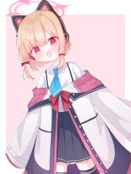 Rule 34 | 1girl, :d, animal ear headphones, animal ears, black coat, black skirt, black thighhighs, blonde hair, blue archive, blue necktie, blunt ends, blush, border, bow, buttons, cat ear headphones, cat ears, chromatic aberration, coat, collared shirt, commentary, cowboy shot, dot nose, dress shirt, eyes visible through hair, fake animal ears, frilled coat, frilled skirt, frills, hair bow, halo, headphones, highres, leaning to the side, long sleeves, looking at viewer, low-tied sidelocks, momoi (blue archive), multicolored coat, necktie, off shoulder, open mouth, outside border, parted bangs, pink background, pink coat, pink eyes, pink halo, pleated skirt, red bow, school uniform, shirt, shirt tucked in, short hair, short necktie, sidelocks, simple background, skirt, sleeves past fingers, sleeves past wrists, smile, solo, suspender skirt, suspenders, thighhighs, tyonar22, unbuttoned, v-shaped eyebrows, white border, white coat, white shirt, wide sleeves
