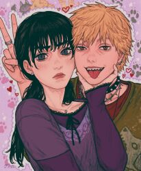 1boy 1girl animalization black_eyes black_hair blonde_hair brown_eyes cat chainsaw_man closed_mouth collar denji_(chainsaw_man) dog ear_piercing earrings green_shirt heart highres jewelry long_hair looking_at_viewer low_twintails mitaka_asa person_and_animalization piercing pumpkingface purple_shirt ring sharp_teeth shirt short_hair spiked_collar spikes star_(symbol) star_earrings teeth tongue tongue_out twintails v
