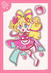 Rule 34 | 1girl, argyle clothes, argyle skirt, arm up, bare shoulders, beads, blonde hair, blue eyes, boots, border, bow, bow-shaped hair, bow choker, bowtie, bridal gauntlets, brooch, choker, circle skirt, crop top, cure idol, deformed, detached sleeves, dot nose, dotted line, drill hair, eyelashes, frilled skirt, frilled sleeves, frills, grid background, hair beads, hair between eyes, hair bow, hair ornament, hair ribbon, hairband, hairclip, happy, headset, heart, heart brooch, heart hair ornament, high heel boots, high heels, highres, jewelry, kimi to idol precure, knee boots, layered skirt, leg up, long hair, looking at viewer, magical girl, midriff, miniskirt, navel, open mouth, outline, pink border, pink bow, pink bowtie, pink bridal gauntlets, pink ribbon, pink shirt, pink skirt, plaid bow, plaid bowtie, plaid clothes, plaid skirt, pleated skirt, precure, puffy short sleeves, puffy sleeves, red bow, red choker, ribbon, sakura uta (precure), shirt, short sleeves, signature, skirt, sleeveless, sleeveless shirt, smile, solo, standing, tareme, teeth, twin drills, unmoving pattern, upper teeth only, uwded 207, very long hair, wavy hair, white background, white border, white hairband, white outline, white sleeves