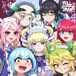 6+girls arm_up black_dress black_hair blonde_hair blue_eyes blue_hair blue_kimono breasts brown_dress chamber_dragonmaid cleavage close-up closed_mouth dragon_girl dragon_horns dress fang glasses green_eyes green_hair group_picture hat horns house_dragonmaid japanese_clothes kimono kitchen_dragonmaid large_breasts lattice_dragonmaid laundry_dragonmaid long_hair maid maid_headdress medium_hair multiple_girls nurse nurse_cap nurse_dragonmaid one_eye_closed open_mouth orange_eyes parlor_dragonmaid pink_dress pink_hair pink_lips purple_eyes red_hair simple_background skin_fang v white_background yata_masahara yellow_eyes yu-gi-oh!