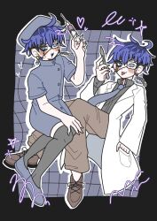 Rule 34 | ahoge, black background, black hair, black thighhighs, blue dress, blue eyes, blue hair, blue hat, blue necktie, blue shoes, blush, bridge piercing, brown pants, brown shirt, brown shoes, coat, crossdressing, doctor, dress, ear piercing, earrings, eyepatch, face piercing, fingernails, full body, hat, highres, holding, holding needle, holding scale, jewelry, lip piercing, long sleeves, male focus, messy hair, multicolored hair, multiple views, necktie, needle, nurse, omokage yugamu, one eye covered, open mouth, pants, piercing, shirt, shoes, short sleeves, simple background, the hundred line -last defense academy-, thighhighs, tongue, tongue out, upper body, white coat