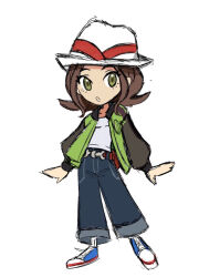 1girl :o blue_pants blue_shoes brown_hair chibi commentary constarlations english_commentary eyelashes full_body green_eyes harmony_(pokemon) hat highres jacket long_sleeves medium_hair nintendo open_clothes open_jacket open_mouth pants pokemon pokemon_legends:_z-a shirt shoes simple_background solo standing white_background white_hat