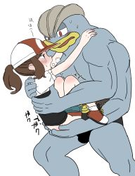 1boy 1girl absurdres baseball_cap blush breath brown_hair creatures_(company) elaine_(pokemon) extra_arms game_freak gen_1_pokemon hat heavy_breathing held_up hetero highres ikuta_semi interspecies machamp nintendo open_mouth pokemon pokemon_(creature) pokemon_lgpe ponytail sex shoes simple_background suspended_congress white_background