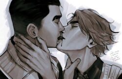 2boys adam&#039;s_apple arcane:_league_of_legends arcane_jayce blood blood_on_face blood_on_mouth closed_eyes collared_shirt commentary couple english_commentary greyscale hand_on_another&#039;s_neck jacket jayce_(league_of_legends) kiss lapels league_of_legends male_focus monochrome multiple_boys nosebleed open_mouth profile shirt short_hair sideburns teeth thick_eyebrows uatiorthnab upper_body upper_teeth_only vest viktor_(arcane) viktor_(league_of_legends) wavy_hair white_background yaoi