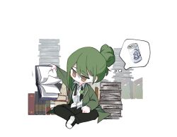 Rule 34 | 1boy, beer can, black pants, book, book stack, can, chibi, coat, collared shirt, dress shirt, drink can, green coat, green hair, hair rings, holding, holding book, indian style, lapels, library of ruina, male focus, netzach (project moon), pants, pave choco, project moon, shirt, shoes, simple background, single hair ring, sitting, solo, speech bubble, spoken object, thought bubble, white background, white shirt, white shoes