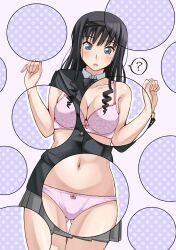 1girl amagami black_hair black_hairband blue_eyes blush bow bow_panties bra breasts commentary_request curly_hair drill_hair embarrassed hairband highres jacket jishaku_(user_rcuz2843) kibito_high_school_uniform long_hair medium_breasts morishima_haruka navel open_mouth panties pink_bra pink_panties school_uniform skirt solo underwear x-ray x-ray_glasses x-ray_vision