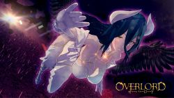1girl 3d albedo_(overlord) bare_shoulders black_hair black_wings breasts cleavage commentary copyright_name demon_girl demon_horns dress elbow_gloves feathered_wings female_focus flying gloves hair_between_eyes highres hip_vent horns large_breasts long_hair looking_at_viewer overlord_(maruyama) saiko_psycho solo very_long_hair white_dress white_gloves wings yellow_eyes