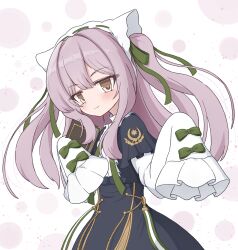 Rule 34 | 1girl, absurdres, azur lane, book, closed mouth, dress, dress ribbon, dvomil, frilled dress, frilled hairband, frilled sleeves, frills, green ribbon, hair ribbon, hairband, highres, holding, holding book, light blush, long hair, looking at viewer, purple hair, ribbon, sleeves past fingers, sleeves past wrists, smile, solo, upper body, vittorio cuniberti (azur lane), yellow eyes