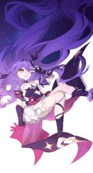 1girl absurdres asymmetrical_gloves bare_shoulders black_dress black_gloves black_hairband black_sleeves black_socks breasts brown_eyes clothing_cutout detached_sleeves dress fang fingerless_gloves floating floating_hair gloves hairband highres honkai_(series) honkai_impact_3rd long_hair long_sleeves luyue navel navel_cutout pink_gloves purple_hair signature simple_background single_fingerless_glove sirin skin_fang small_breasts smile socks solo symbol-shaped_pupils toeless_legwear v very_long_hair white_background x-shaped_pupils