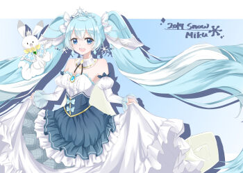 Rule 34 | 1girl, 1other, absurdres, animal ears, aqua eyes, aqua hair, blush, breasts, clothes lift, detached collar, dress, dress lift, fortissimo, frilled dress, frills, hair ornament, hatsune miku, highres, jewelry, lifting own clothes, long hair, long sleeves, looking at viewer, musical note, musical note hair ornament, official alternate costume, official alternate hairstyle, open mouth, puffy long sleeves, puffy sleeves, rabbit ears, rabbit tail, rabbit yukine, seria (se ria), sleeveless, small breasts, smile, snowflake hair ornament, strapless, strapless dress, tail, twintails, very long hair, vocaloid, yuki miku, yuki miku (2019)