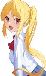1girl arms_at_sides blonde_hair blue_skirt blush bocchi_the_rock! bow bowtie breasts collared_shirt commentary_request eiightman floating_hair ijichi_nijika long_sidelocks looking_at_viewer medium_breasts open_mouth parted_bangs pleated_skirt ponytail_with_braided_base red_bow red_bowtie red_eyes school_uniform shimokitazawa_high_school_uniform shirt side_ponytail sidelocks simple_background skirt smile solo turning_head upper_body white_background white_shirt