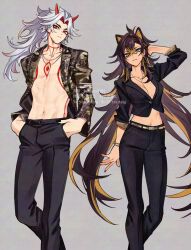 1boy 1girl arataki_itto arm_up artist_name belt belt_buckle black_jacket black_nails black_pants blonde_hair blue_eyes bodypaint bracelet breasts brown_hair buckle chain chain_necklace cleavage closed_mouth collarbone colored_inner_hair commentary_request cropped_jacket crossed_bangs dark-skinned_female dark_skin dehya_(genshin_impact) earrings eyelashes eyeshadow facepaint fingernails genshin_impact gold_belt gold_earrings grey_background hair_between_eyes hair_ears hair_intakes hands_in_pockets high_ponytail highres hoop_earrings horns jacket jewelry lapels long_fingernails long_hair long_sleeves looking_at_viewer makeup medium_breasts midriff multicolored_hair nail_polish navel necklace ojo_aa oni open_clothes open_jacket pants parted_bangs pectoral_cleavage pectorals pointy_ears ponytail print_jacket red_eyes red_eyeshadow red_hair red_horns red_nails sharp_fingernails simple_background sleeves_rolled_up smile standing stomach streaked_hair thick_eyebrows twitter_username very_long_hair watermark white_hair