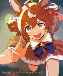 1girl absurdres ahoge animal_ears bow bowtie brooch brown_hair character_name close-up freckles highres horse_ears horse_girl horse_race_tests jewelry jovial_merryment low_twintails multicolored_hair open_mouth orange_vest pleated_skirt puffy_short_sleeves puffy_sleeves running short_sleeves skirt smile solo star_brooch streaked_hair symbol-shaped_pupils teeth thernz twintails upper_teeth_only vest