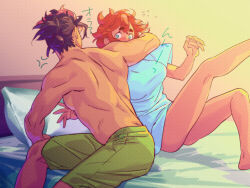 1boy 1girl angry bare_legs bare_tree bed bed_sheet blush breasts couple curly_hair dark-skinned_female dark-skinned_male dark_skin facing_back flirting green_eyes guel_jeturk gundam gundam_suisei_no_majo half_up_bun hands_on_another&#039;s_face ivy_hermit large_breasts leaning_back long_hair muscular muscular_male on_bed pillow pink_hair pushing pushing_away pushing_face red_hair short_sleeves shorts sideboob suletta_mercury topless_female topless_male tree