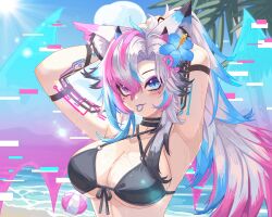 1girl absurdres angrycomputer_studio animal_ear_fluff armpits ball beach beachball bikini black_bikini black_choker blue_eyes blue_flower blue_hair body_markings breasts choker cleavage commission facial_mark flower grey_hair hair_flower hair_ornament heart heart_facial_mark heterochromia highres horns indie_virtual_youtuber mouth_hold o-ring o-ring_bikini palm_leaf pink_hair purple_eyes ravenna_nya solo sun swimsuit upper_body vgen_commission virtual_youtuber wet
