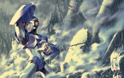 Rule 34 | 1boy, absurdres, android, arm cannon, arm up, clenched teeth, destruction, fujino yuuki, green eyes, highres, male focus, mega man (series), mega man x (series), rain, ruins, smoke, standing, teeth, weapon, x (mega man)