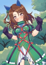 1girl animal_ears bdsm black_gloves blush breasts brown_hair clothes_lift commission dress ear_covers ganimede gloves green_dress harness horse_ears horse_girl king_halo_(umamusume) red_eyes skeb_commission solo umamusume