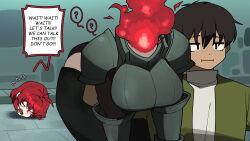 1boy 1girl ? armor breasts carrying carrying_person disembodied_head dullahan fire gomulgong headless highres large_breasts original red_eyes red_hair short_hair