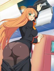 1girl accidental_exposure aircraft airplane airplane_interior ascot ass blush breasts brown_pantyhose chair commentary embarrassed employee_uniform english_commentary flight_attendant formal_clothes green_eyes hat highres large_breasts long_hair looking_at_viewer official_art open_mouth orange_ascot orange_hair panties panties_under_pantyhose pants_falling pantyhose pencil_skirt reaching senran_kagura senran_kagura_new_wave skirt skirt_suit solo suit suitcase tongue travel_attendant underwear vehicle_interior wardrobe_malfunction yaegashi_nan yugiri_(senran_kagura)