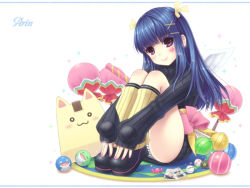 angel_wings arin bad_id bad_pixiv_id blue_hair hair_ribbon heart long_hair mmmxx pangya panties pantyshot papel purple_eyes ribbon sitting smile solo striped_clothes striped_panties sweater underwear wings