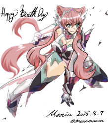 Rule 34 | armor, blood, blood on face, breasts, bruise, cleavage, crossed bangs, cuts, dated, double-parted bangs, english text, floating hair, green eyes, hair between eyes, hair ornament, hair wings, happy birthday, highres, injury, large breasts, long hair, maria cadenzavna eve, mennmaaan, senki zesshou symphogear, sidelocks, simple background, thighs, torn clothes, twitter username, very long hair, white background, wing hair ornament