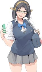 Rule 34 | 1girl, :d, anchor print, bag, black hair, blue bow, blue bowtie, blue cardigan, bow, bowtie, breasts, cardigan, cleavage, collared shirt, commentary request, contemporary, glasses, green-framed eyewear, grey skirt, headgear, highres, holding, holding phone, kantai collection, kirishima (kancolle), large breasts, looking at viewer, loose bowtie, miniskirt, open mouth, partially unbuttoned, phone, pleated skirt, school bag, school uniform, shirt, short hair, simple background, skirt, smile, solo, white shirt, zekkyon