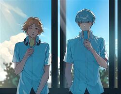 Rule 34 | 2boys, arm up, black pants, brown hair, closed mouth, cloud, collared shirt, cowboy shot, dot nose, eye contact, food, grey hair, hanamura yousuke, hand in pocket, headphones, headphones around neck, holding, holding food, holding popsicle, light rays, looking at another, looking to the side, male focus, multiple boys, narukami yu, one eye closed, open collar, open mouth, pants, parted bangs, parted hair, persona, persona 4, popsicle, shirt, short hair, short sleeves, side-by-side, sideways glance, sky, standing, sunbeam, sunlight, tree, vodo0711, white shirt, window, wing collar