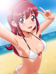 10s 1girl aino_megumi armpits arms_up beach bikini blue_sky blush breasts collarbone female_focus hair_down happinesscharge_precure! kechinbo_silver long_hair looking_at_viewer medium_breasts ocean pink_eyes pink_hair precure sand selfie sky smile solo swimsuit water