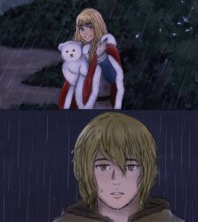 2boys androgynous bear belt blonde_hair blue_eyes brown_eyes canute cape eyebrows eyebrows_hidden_by_hair frilled_sleeves frills fur_trim hair_between_eyes long_hair male_focus mentamary multiple_boys outdoors panels parted_lips polar_bear prince rain red_cape smile stuffed_animal stuffed_toy teeth thorfinn viking vinland_saga water water_drop waving wet wet_hair yaoi