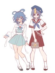 2girls 80isiiii alternate_costume bag beret bespectacled black_eyes blue_dress blue_eyes blue_hair blue_hat blue_neckerchief brown_bag closed_mouth commentary contrapposto dress drill_hair drill_sidelocks full_body glasses grey_hair hair_rings hat hat_ornament highres holding holding_bag jacket jiangshi kaku_seiga long_sleeves looking_at_viewer miyako_yoshika multiple_girls neckerchief ofuda open_mouth red-framed_eyewear red_sailor_collar red_skirt sailor_collar school_bag school_uniform serafuku shirt shoes short_hair sidelocks simple_background skirt smile socks standing star_(symbol) star_hat_ornament symbol-only_commentary touhou white_background white_jacket white_shirt white_shoes white_socks