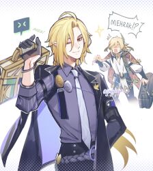 Rule 34 | 2boys, arm behind back, arm out of sleeve, black gloves, black jacket, blonde hair, briefcase, collared shirt, english text, fang, feather hair ornament, feathers, genshin impact, gloves, hair ornament, highres, holding, hugo vlad, jacket, jingle23, kaveh (genshin impact), long hair, long sleeves, looking at viewer, male focus, mehrak (genshin impact), mihoyo, mole, mole under eye, multiple boys, necktie, one eye closed, open mouth, pants, pointy ears, shaded face, shirt, simple background, sparkle, sweat, twitter username, very long hair, zenless zone zero