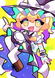 1girl apron black_dress blonde_hair boots bow braid bright_pupils brown_boots deformed dress full_body hand_up hat hat_bow highres index_finger_raised kirisame_marisa looking_at_viewer marisa_day open_mouth side_braid smile solo stella_de_lux thighhighs touhou white_apron white_pupils white_thighhighs witch_hat wrist_cuffs yellow_eyes