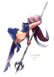 1girl absurdres blue_footwear blue_leotard boots cape dragoon dragoon_(final_fantasy) final_fantasy final_fantasy_v high_heel_boots high_heels highleg highleg_leotard highres holding holding_polearm holding_polearm holding_weapon komugiko_no_mori lenna_charlotte_tycoon leotard long_hair mask mouth_mask pink_hair polearm spear square_enix thigh_boots trident weapon